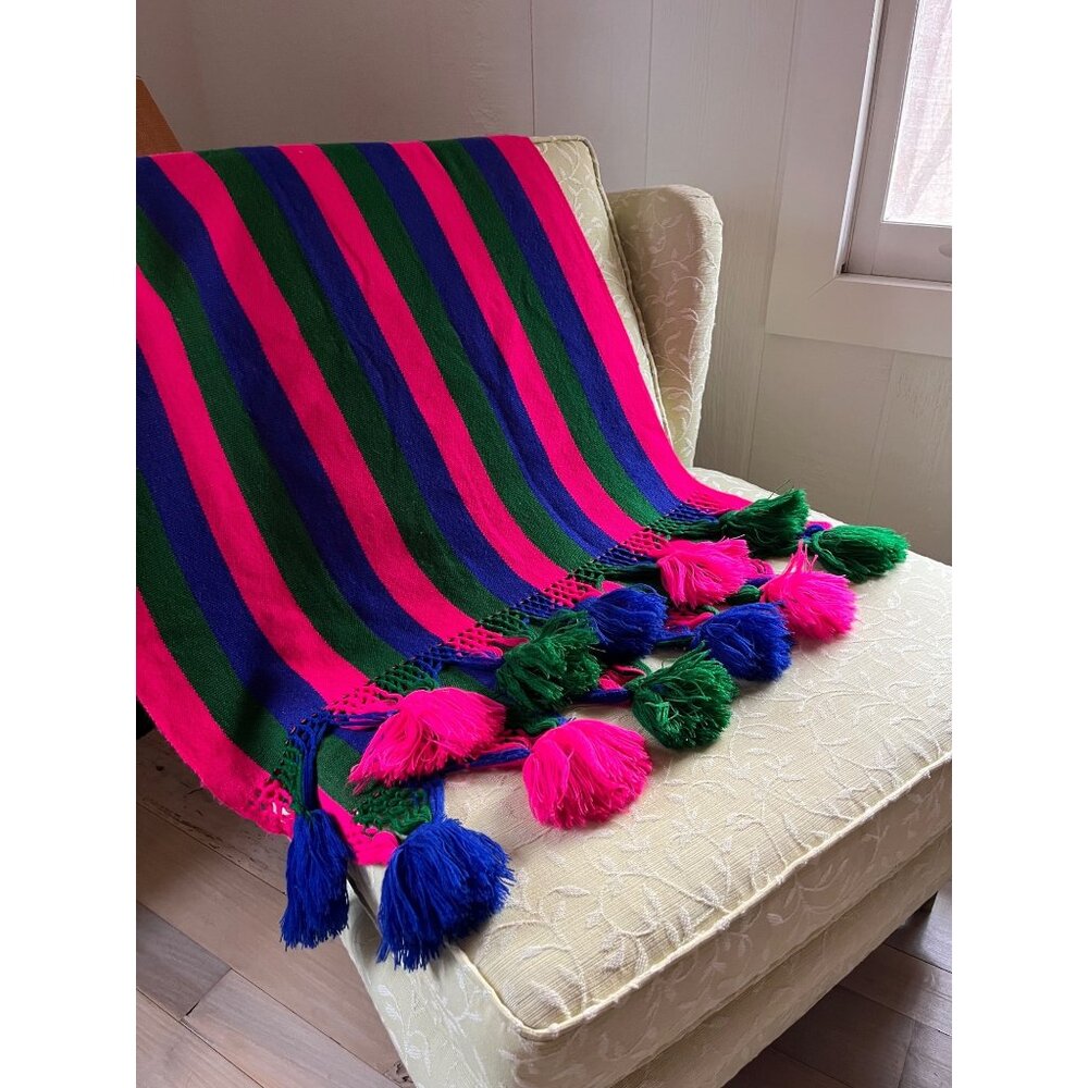 Vintage Handmade Vibrant Stripe Blanket Throw Large Tassels Boho Chromatic 26x82